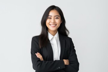 Portrait of smiling asian businesswoman with crossed arms standing over white background