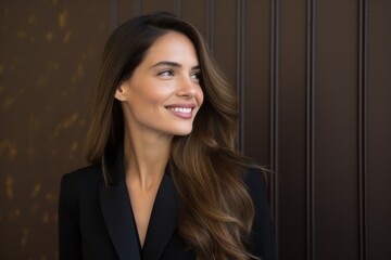 Portrait of a smiling businesswoman looking away against brown wooden wall