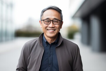 Portrait of happy asian senior man with eyeglasses outdoors