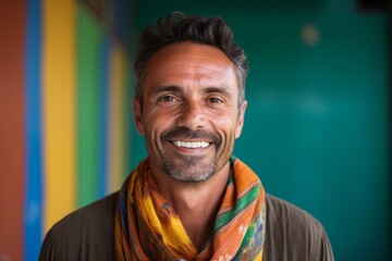 Portrait of smiling man with scarf in front of a green wall