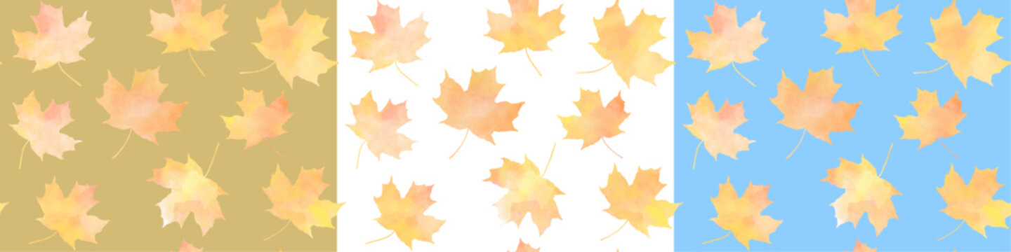 Autumn set seamless vector watercolor pattern with isolated maple leaves on blue sky. Hand drawn fall wallpaper design for cards, flyers, poster, cover, prints. Back to school. Autumn background.