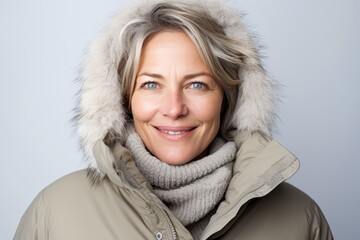 Portrait of a beautiful middle aged woman in winter clothes on a gray background