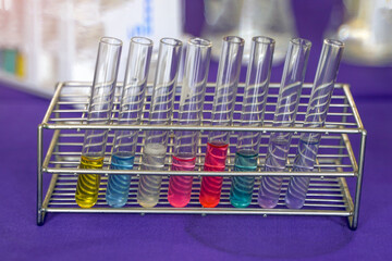a solution in a scientific test tube Set up to observe, record results, and summarize experimental results. Soft and selective focus.