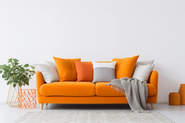 Orange sofa with colorful pillows near a blank white wall and plants decor. Modern interior for mockup, wall art. Promotion background with copyspace.
