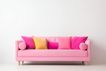 Pink sofa with colorful pillows near a blank white wall. Modern interior for mockup, wall art. Promotion background with copyspace.