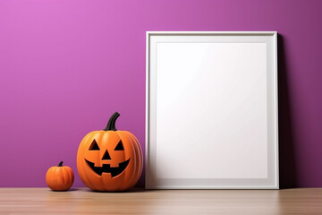 An empty vertical frame for mockup stands on the table near the jack o lantern pumpkin. Bright pink wall background. Halloween decor.