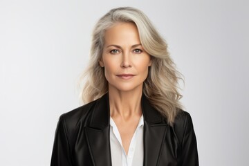 Portrait of a beautiful business woman in a black jacket on a white background