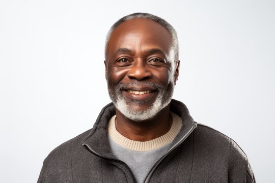 Portrait of a Nigerian man in his 50s in a white background wearing a chic cardigan