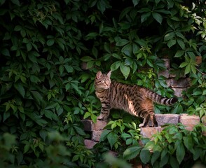 Selective focus of a striped cat near creeping plants in a garden