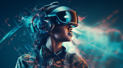 Obraz premium AI-Enhanced Diverse Female Soldier: Expressive and Confident in Advanced Tech Military Gear with Euphoric Aura
