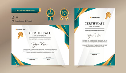 Green and gold certificate of achievement template. For award, business, and education needs. Vector Illustration