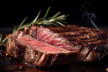 Grilled marbled rib eye steak with green chimichurri sauce.AI generated