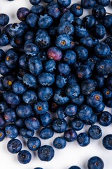 Closeup of the fresh and vibrant blueberries in a pile on the white surface
