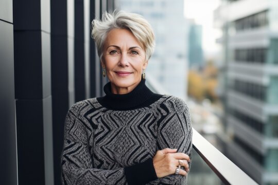 Portrait of a Russian woman in her 50s in a modern architectural background wearing a cozy sweater