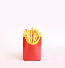 Fried potatoes in a red cardboard box on a white background. Fast food. French fries in paper packaging