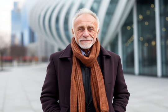 Portrait of a Russian man in his 70s in a modern architectural background wearing a chic cardigan