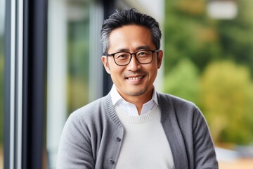 business, people and office concept - smiling asian man in eyeglasses at office