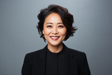 smiling asian businesswoman in black suit, isolated on grey
