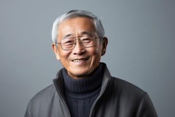 Obraz premium Portrait of senior Asian man wearing eyeglasses on grey background