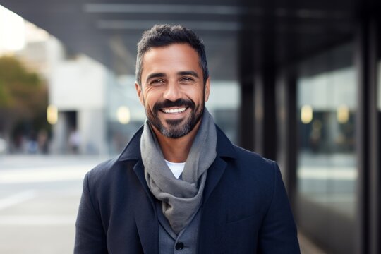 Portrait of a Brazilian man in his 30s in a modern architectural background wearing a chic cardigan