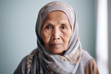 Portrait of an old muslim woman wearing headscarf.