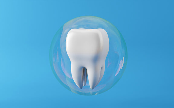 Healthy white tooth in bubble, Oral health and dental inspection teeth. Medical dentist tool, children healthcare, 3D render