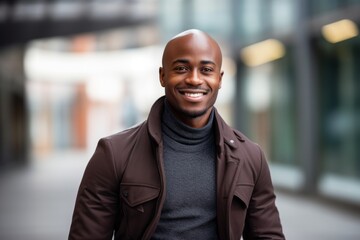 Fototapeta premium Portrait of a Nigerian man in his 30s in a modern architectural background wearing a chic cardigan