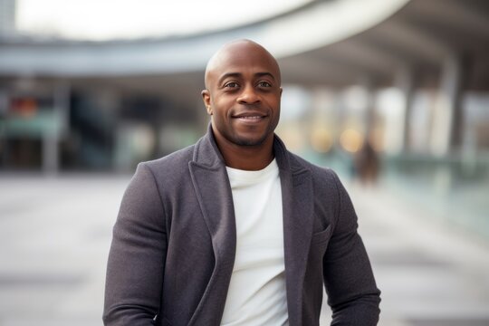 Medium shot portrait of a Nigerian man in his 30s in a modern architectural background wearing a chic cardigan