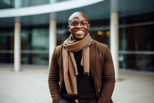 Medium shot portrait of a Nigerian man in his 30s in a modern architectural background wearing a chic cardigan