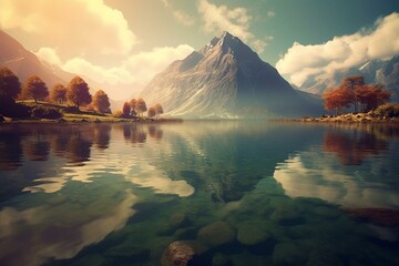 Fototapeta na wymiar Stunning pristine lake with majestic mountains as a backdrop. Generative AI