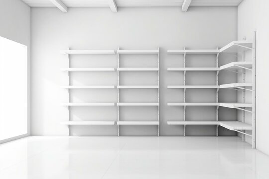 Empty store shelves and showcase displays on white background. Rack for warehouse. 3D rendering. Generative AI