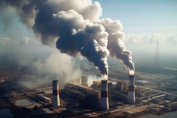 Thick smoke from a large power plant's chimney, with oil pumps visible. NASA tech and oil industry equipment present. Generative AI