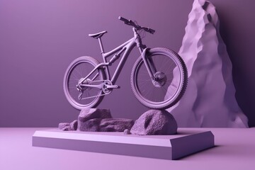 A monochrome mountain bike on a purple stage pedestal. 3D render. Generative AI