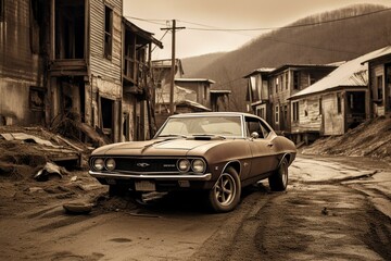 Old muscle car parked in abandoned town. Generative AI