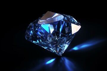 Blue diamond with abstract lighting, rendered in 3D against black background. Generative AI