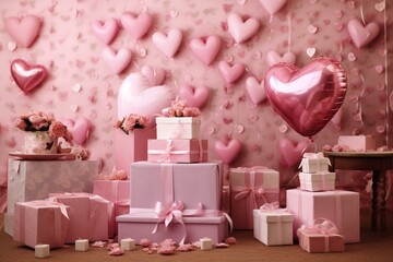 Valentine's day celebration with pink hearts, gifts, and cards at a wedding. Generative AI