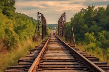 Fototapeta na wymiar Railroad spanning distance & countryside stroll. Generative AI
