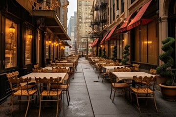 Fototapeta na wymiar Deserted restaurant in Manhattan due to COVID outdoor dining restrictions. Generative AI