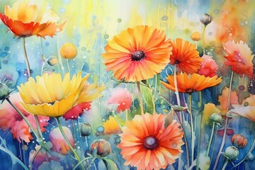 vibrant watercolor floral painting of colorful spring blooms. Generative AI