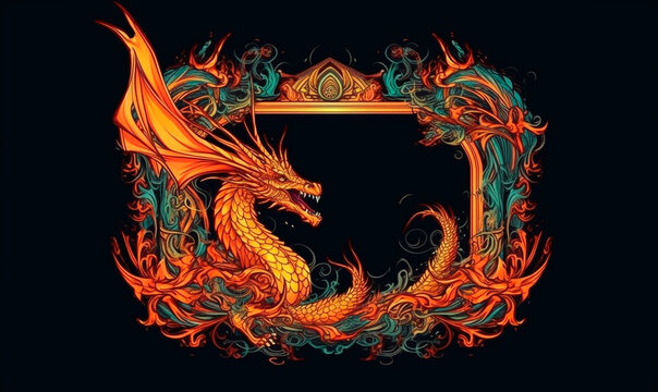 Frame with dragon in magical fire background. Festive fantasy banner ornament with an generative AI ancient serpent covered with golden scales for heraldry and decoration