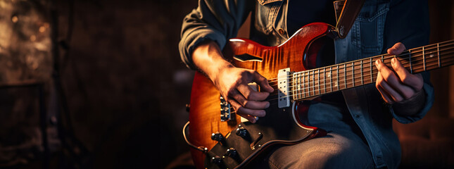 Obraz premium Man playing electric guitar, copy space. Created using generative AI technology.