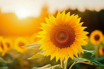 Wonderful view field of sunflowers by summertime. Summer landscape,  beauty sunset over sunflowers field.