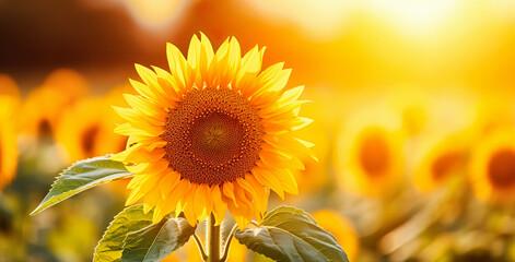 Fototapeta premium Wonderful view field of sunflowers by summertime. Summer landscape, beauty sunset over sunflowers field.