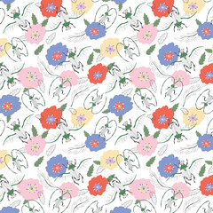 Seamless pattern with beetles and abstract flowers. Vector illustration