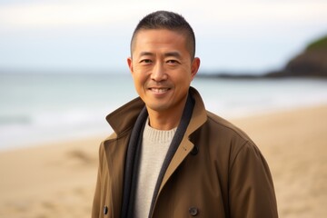 Smiling asian man standing on the beach and looking at camera