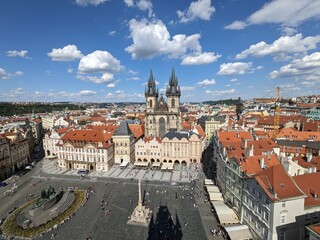 Panorama of the roofs of Prague and Church of Our Lady before Týn, Czech Republic - August 2023