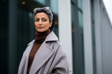 Portrait of a Saudi Arabian woman in her 50s in a modern architectural background wearing a versatile overcoat