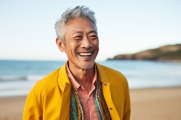 Portrait of happy senior man smiling at camera while standing on beach