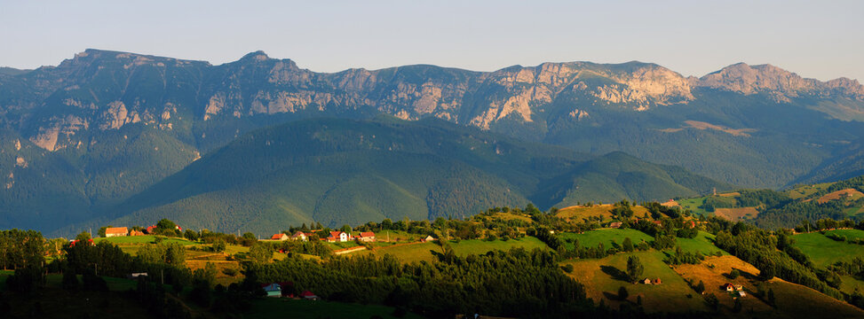 Scenic view over Bucegi Mountains (Muntii Bucegi) in Romania in a sunny sunset summer day, Romania, Europe