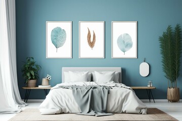 Bright blue Scandinavian bedroom with three vertical frames and mockup poster against boho wall background. Generative AI